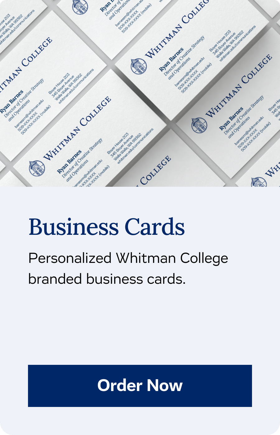Business Cards; Personalized University branded business cards. Order now.